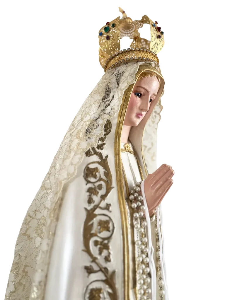 Statue of Our Lady of Fatima in white robes with hands folded in prayer, the pilgrim statue available for home visits in Colorado